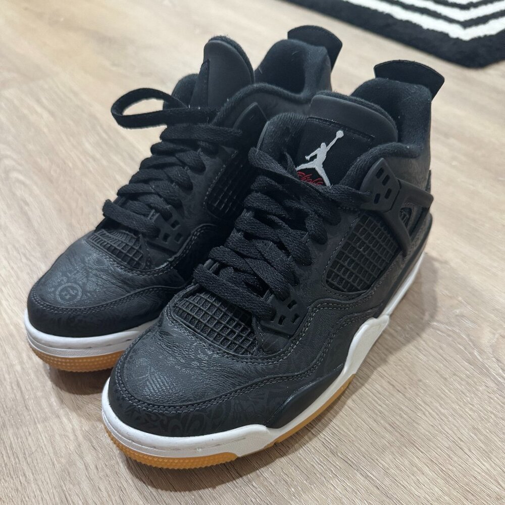 Jordan 4 Retro Laser Black Gum Sneakers | Youth 5Y (Women’s 6.5 / Men’s 5) - Picture 2 of 10